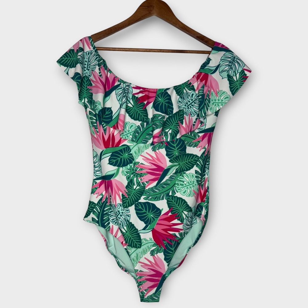 Matilda Jane Palm Tree Paradise One-Piece Ruffle Swimsuit Tropical Modest Large